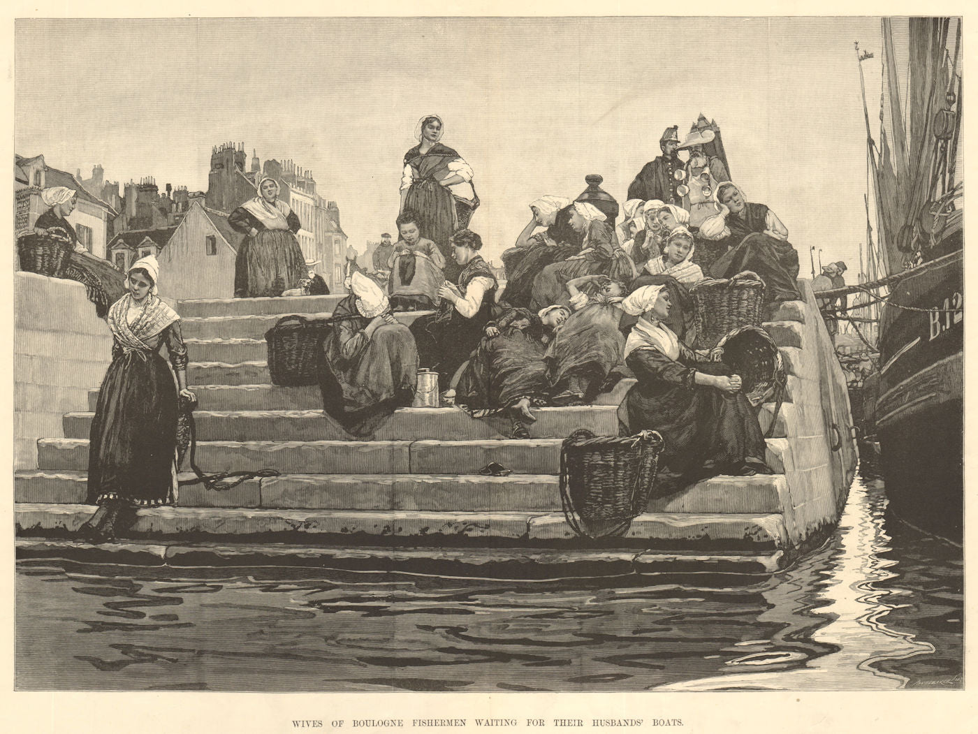 Boulogne fishermen's wives waiting for their husbands' boats. Fishermen 1880